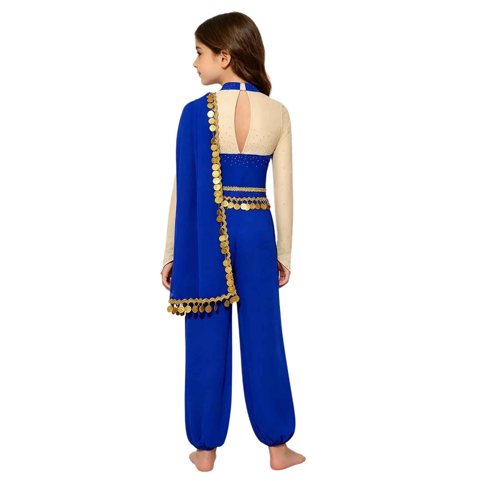 Girls Arabian Princess Belly Dance Outfits Halloween Cosplay Costume Sequins Tassels Rhinestone Jumpsuit Long - product image