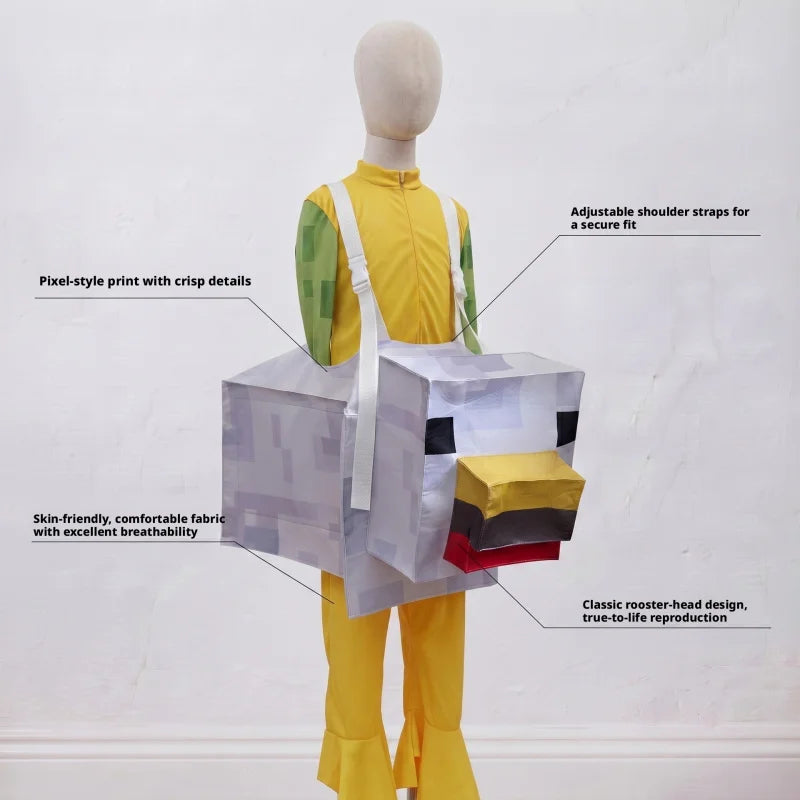 Halloween Jockey Costume, Pixel Block Chicken JockeyStyle Game Role Play Outfit, Funny Stage Performance