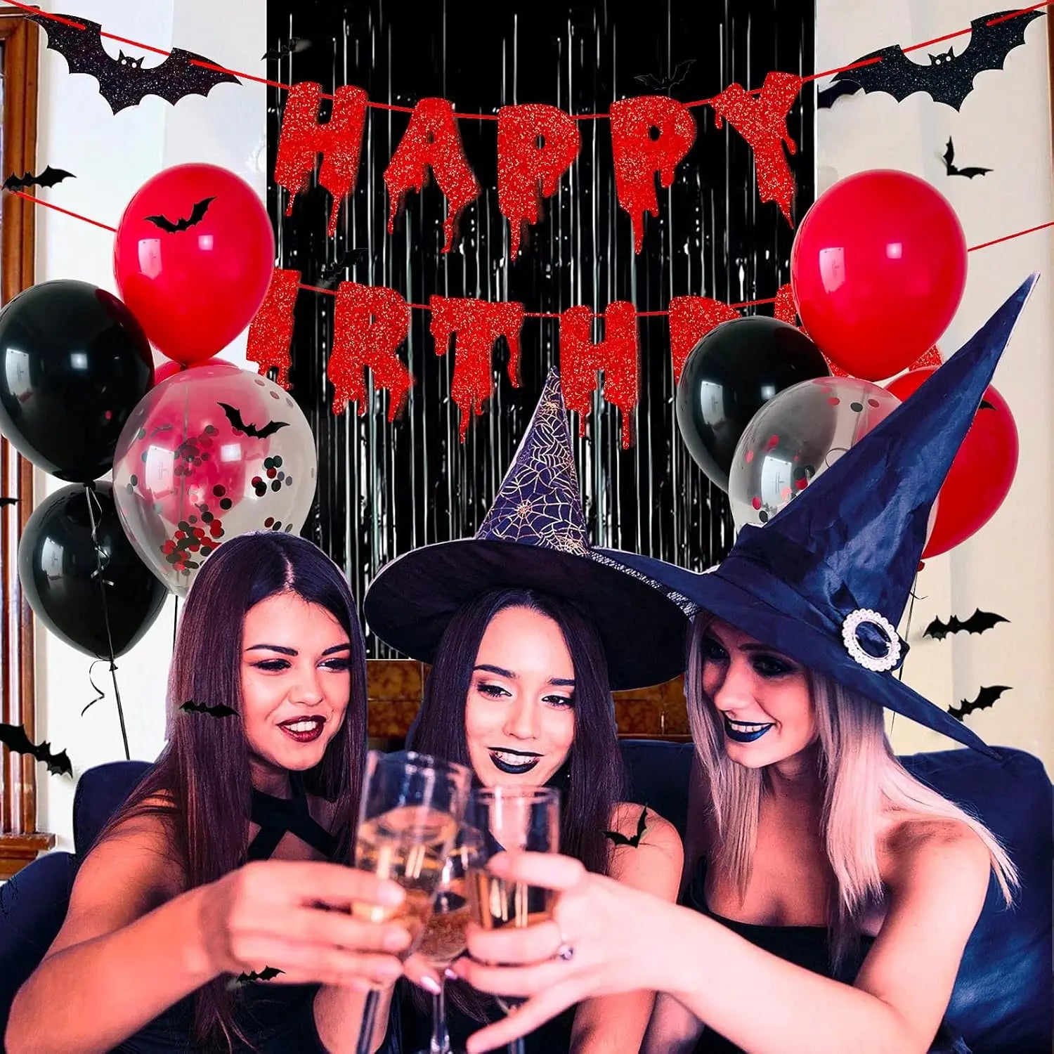 Red Shiny Happy Birthday Halloween Banner, Black Foil Curtain Backdrop, 3D - product image 4