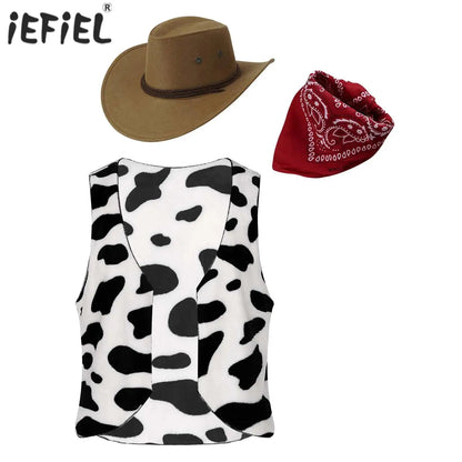 Men's Cowboy Western Cow Printed Flannel Waistcoat Hat Costume