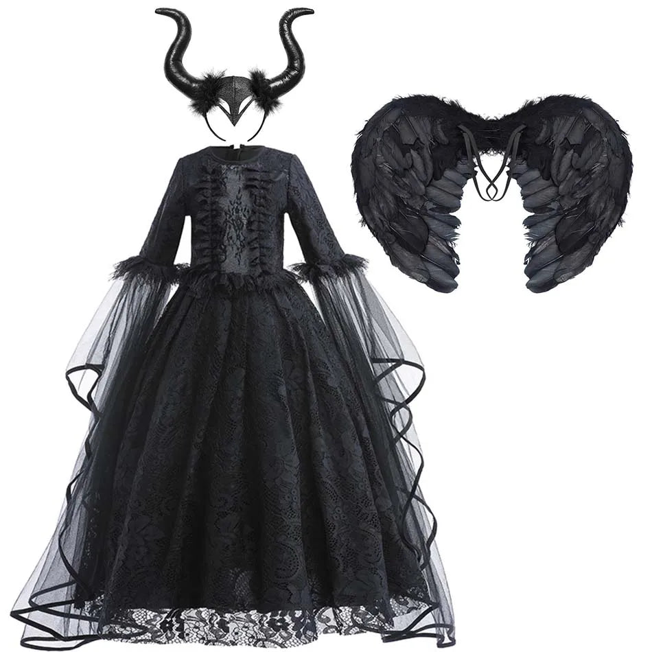 Halloween Dress For Girls Evil Witch Cosplay Costumes Children Lace Ruffles Floor Length Outfits Kids - product image 11