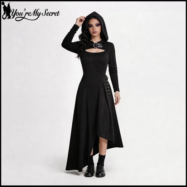 Gothic Hoode Long Dress Women Witch Corset Asymmetrical Hem Dress Punk Style Leather collar Gown Halloween - product image 1