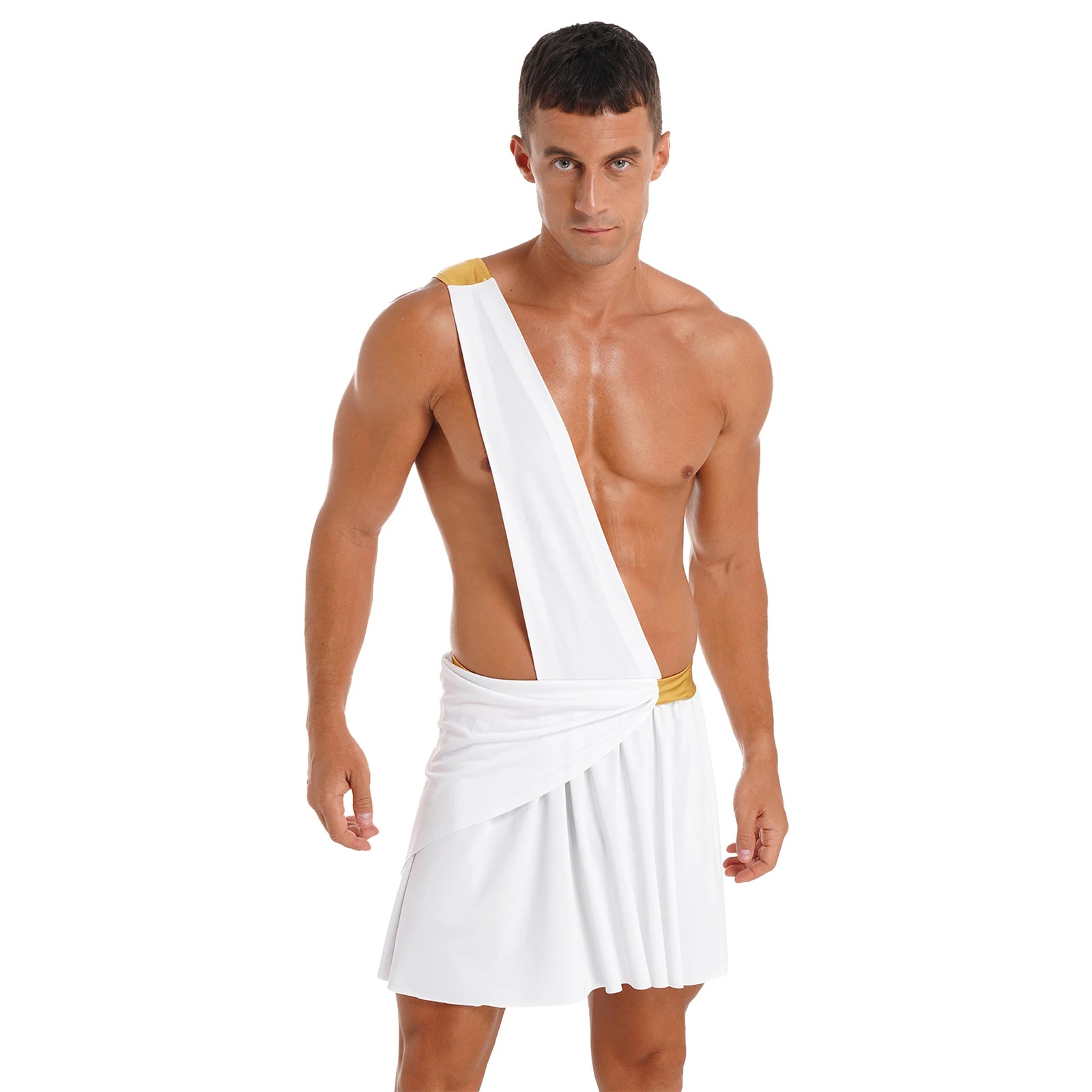 Men's Ancient Greek God Halloween Costume One Shoulder Strap Skirts Knight Warrior - Burgundy A / L