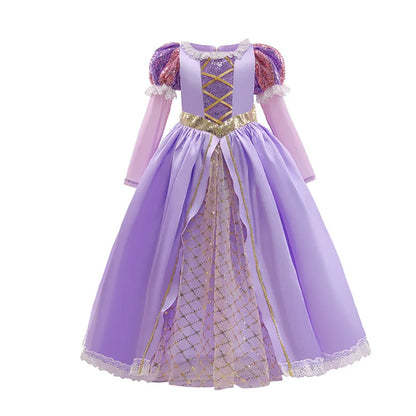 Girl Rapunzel Princess Dress for Kids Halloween Cosplay Tangled Costume Birthday Party Gifts Purple Sequins Mesh Bow Clothing
