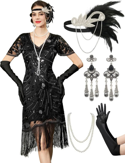 Flapper Dresses 1920s,Great Gatsby Dresses for Women Fringe Roaring 20s Costumes with 20s Accessories for Harlem Nights