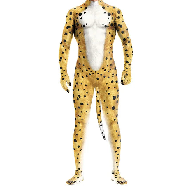 Men Halloween Animal Costume with Tail Adult Full Cover Elastic Zentai Pet Costume - 2 / S