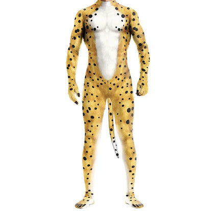 Men Halloween Animal Costume with Tail Adult Full Cover Elastic Zentai Pet Costume - 2 / S