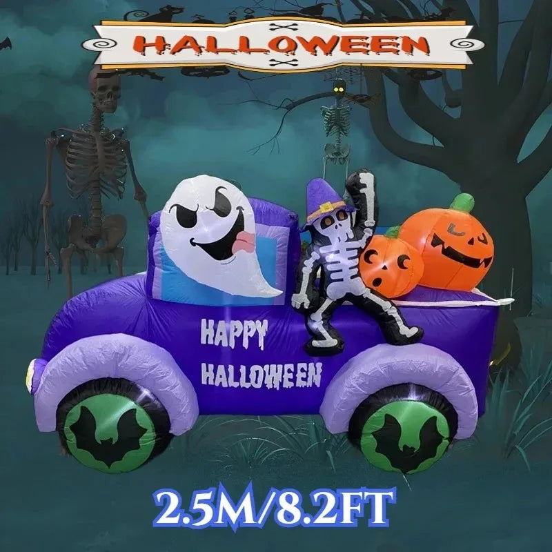8FT Outdoor Inflatable Halloween Model - Ghost Driving Truck with Skeleton & Pumpkin, Built-in LEDs, Ideal for Yard Decorations