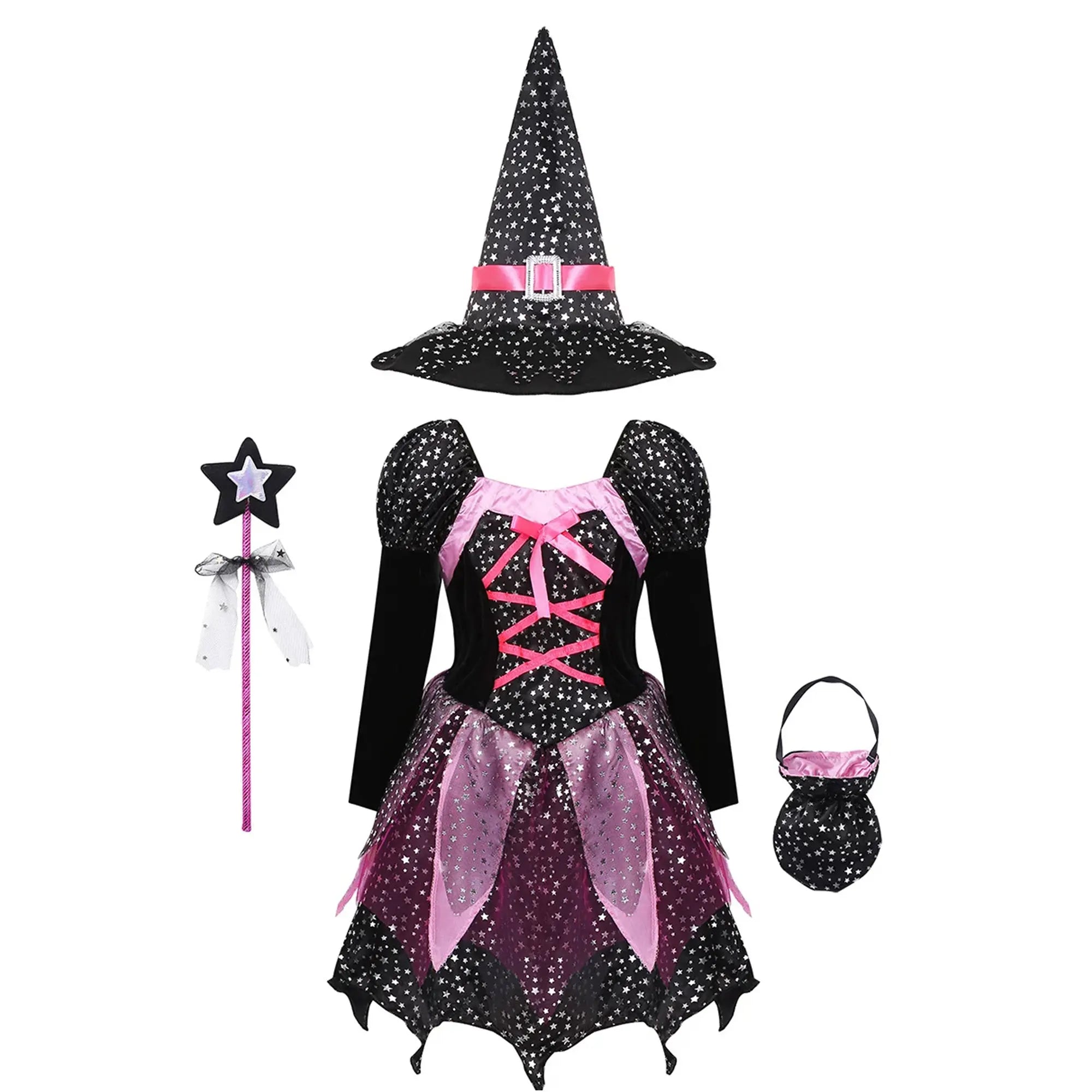 4pcs Halloween costume Witch Dress+Hat+Wand+Bag Girls Wizard Costume Set Witch Princess Carnival Masquerade - product image 7