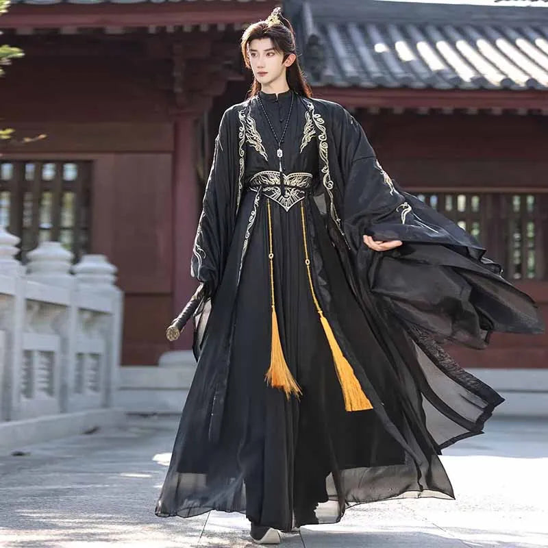 Chinese Hanfu Men Halloween Costume Outfit Ancient Embroidered Black&Blue Hanfu Suits Plus - Black set / S