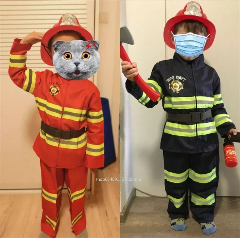 Children Fireman Cosplay Costume Boys Girls Halloween Carnival Party Sam Fireman Uniform Workwear
