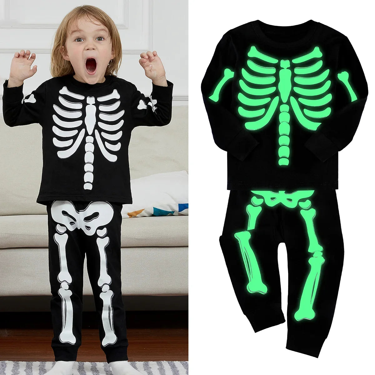 Kids Halloween Skeleton Pajama Costume Set, 10 Years