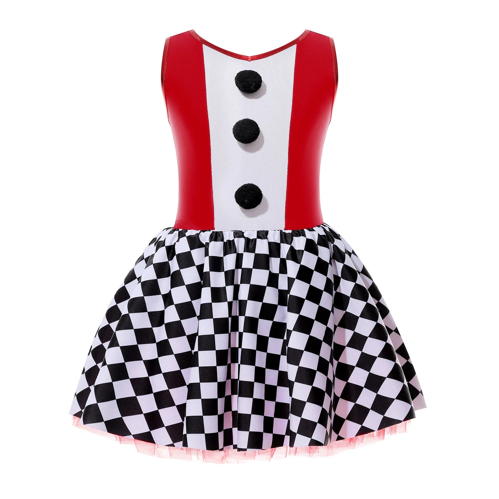 Girls Circus Clown Joker Costume Halloween Costume Black White Grid Pompoms Leotard Tutu - Black D / 16