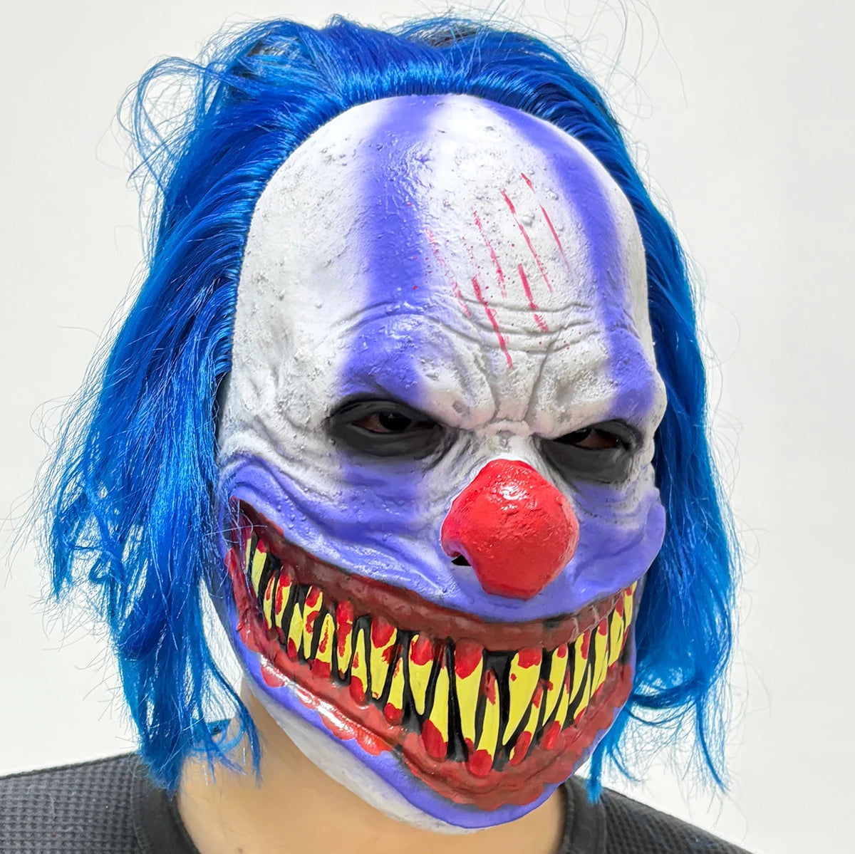 Scary Evil Clown Latex Mask With Blue Wig, Sharp Fangs Horror Mask, - view 6