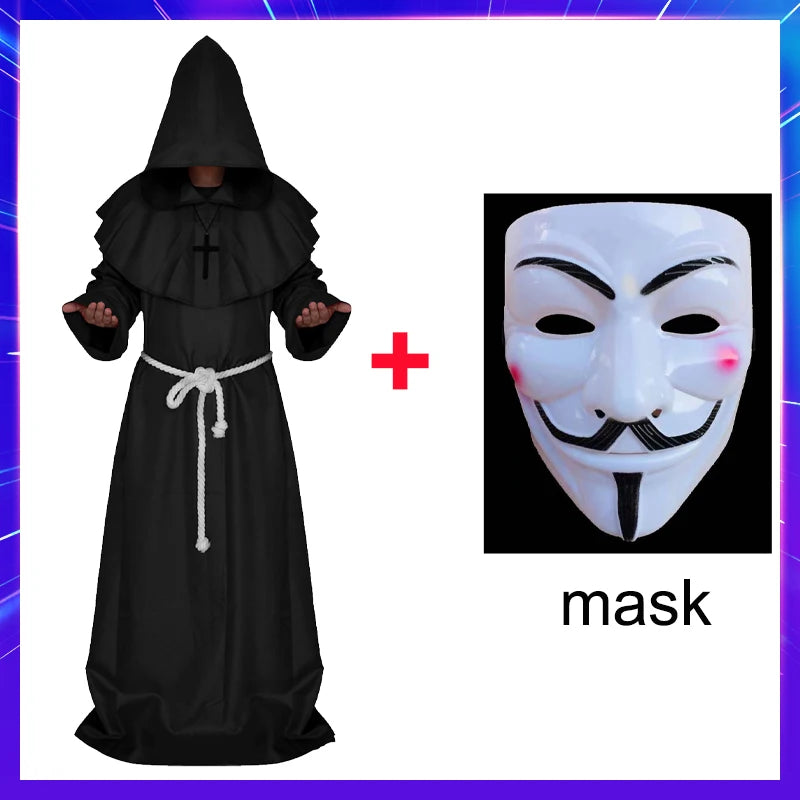 Halloween Wizard Costume Medieval Monk Hooded Robe Costume Mask Hat for Men Steampunk - C4 / Halloween cosplay