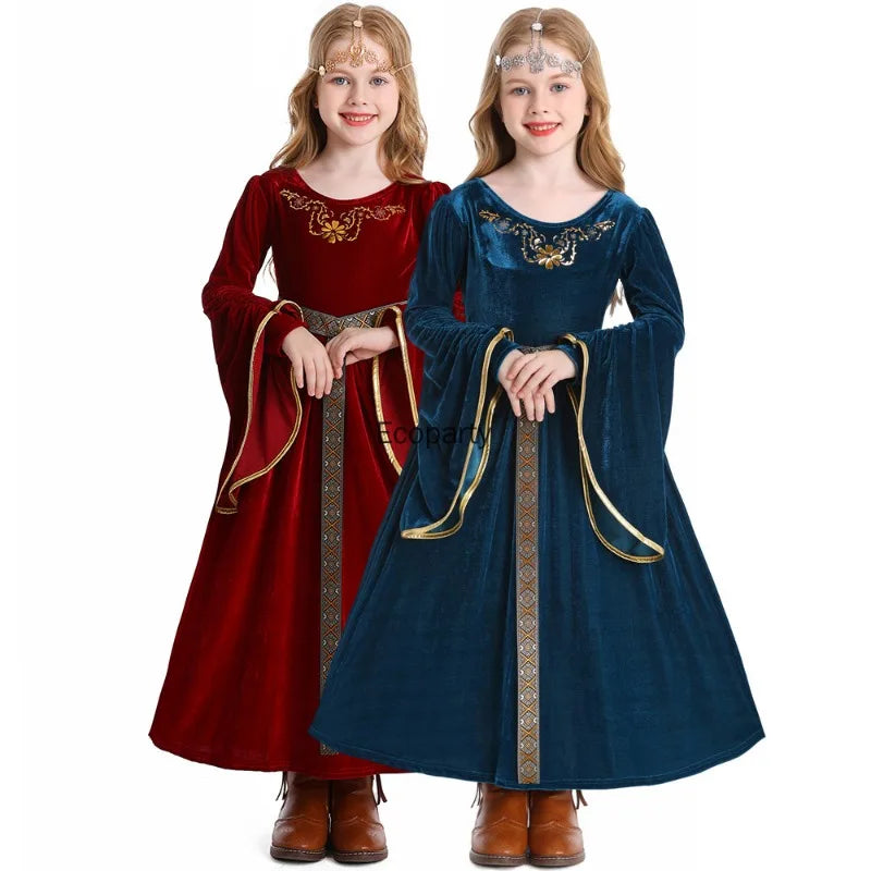 Kids' Medieval Vintage Court Ball Flared Sleeve European Full Halloween Costume - dark blue / 47.2 in (120 cm)