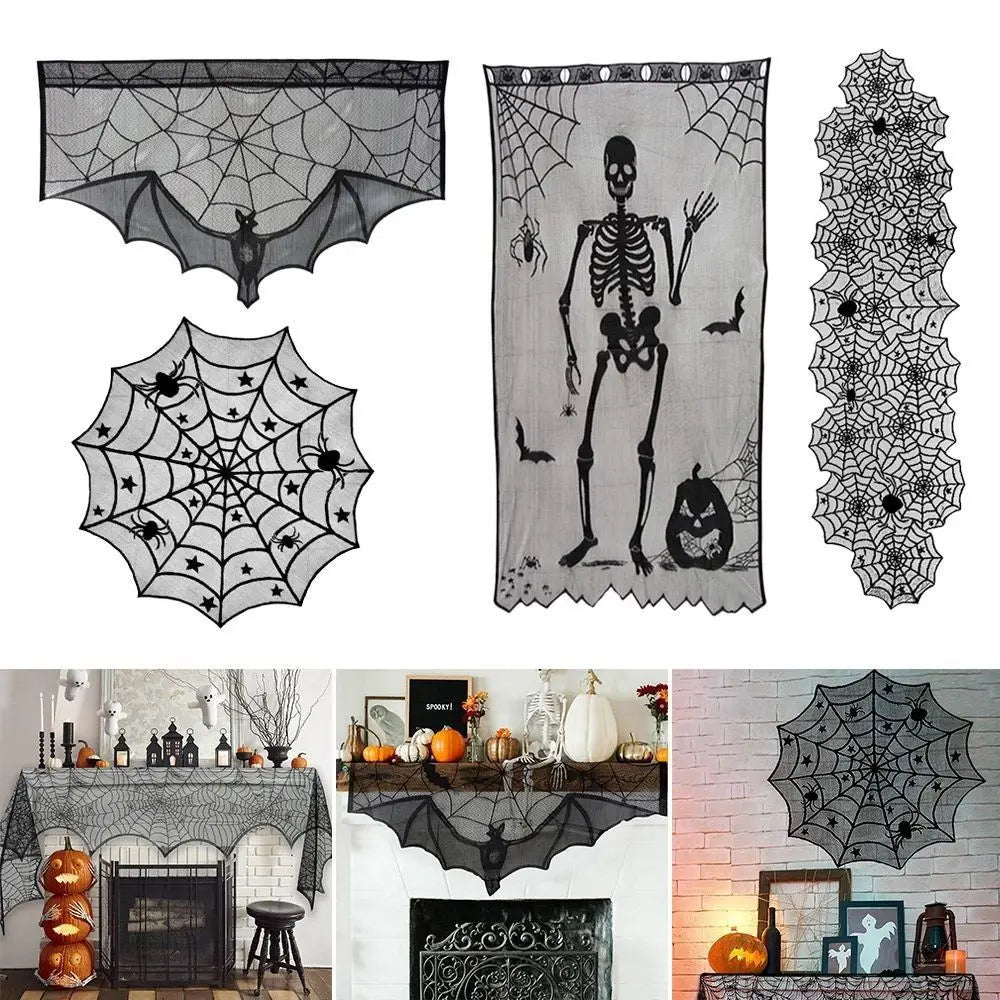 Halloween Bat Table Runner Lace Web Skeleton Skull Tablecloth Black Fireplace - product image 1