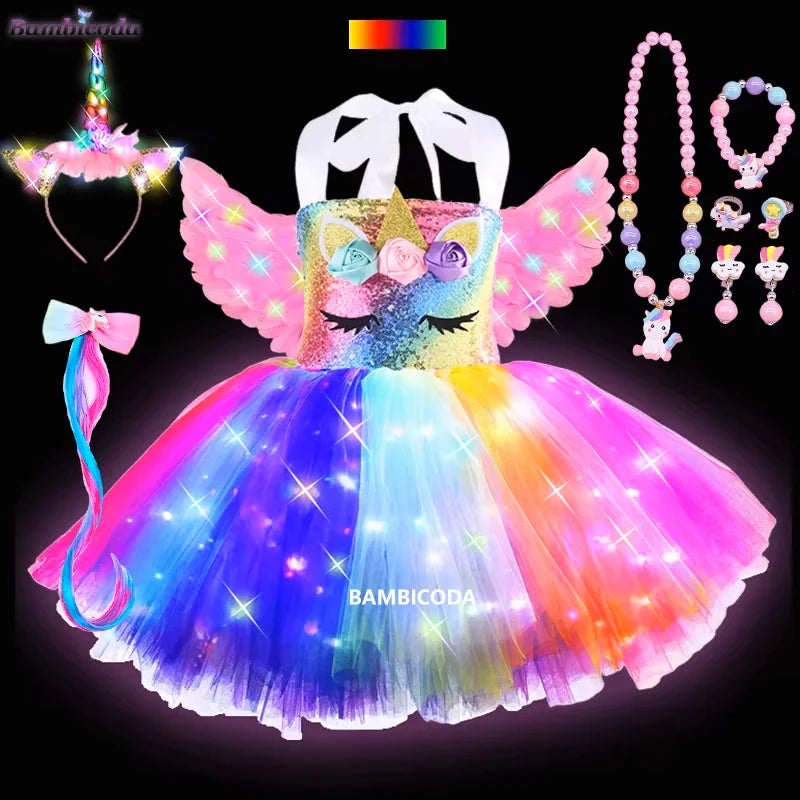 Girls Shiny Unicorn Tutu Led Lighting Dress Glowing Dresses Princess Dress Clothing