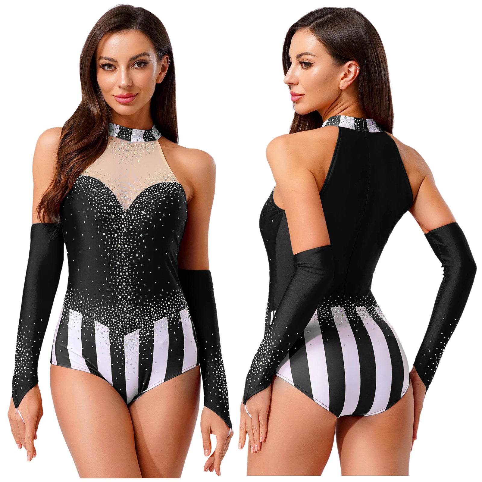 Halloween Women Circus Ringmaster Master Costume Bodysuit with Gloves Sleeveless Patchwork - Black / S