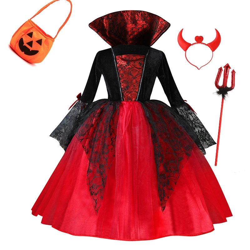 Kids Girls Vampire Devil Costume Dress Complete Set with Accessories Theme Costume