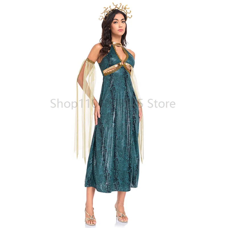 Halloween Greek Myth Goddess Costume Dress Mediaeval Ancient Egypt Roman Witch Egyptian - green / XL