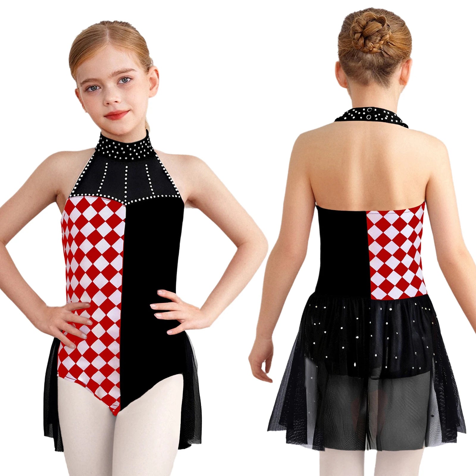 Girls Circus Clown Performance Costume Halloween Plaid Halter Sleeveless Dance Leotard - 12 / Black Rose