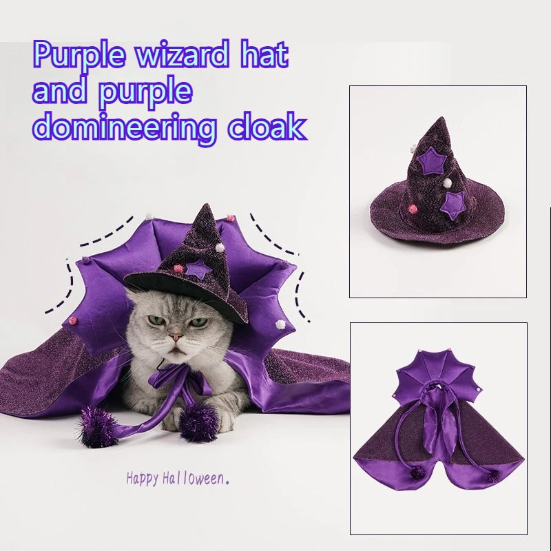 Funny Star Cat Dog Witch Cloak Set with Soft Purple Cloth and Matching Hat –