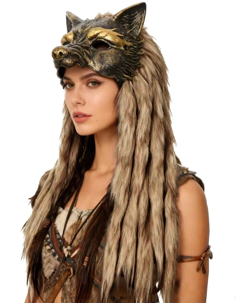 Viking Wolf Mask with Fur Barbarian Headdress Werewolf Headpiece for