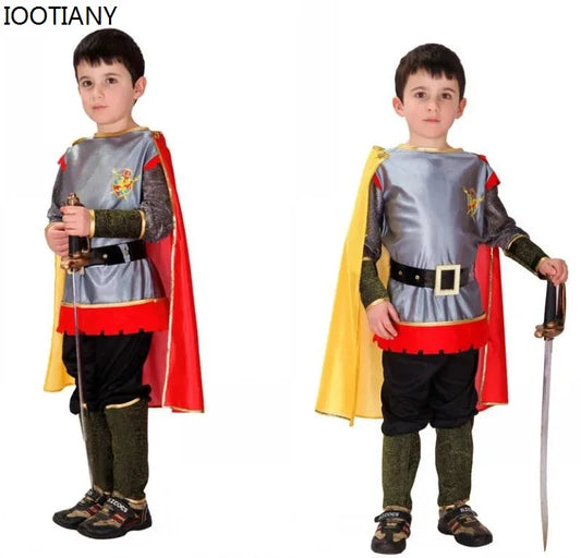 Halloween Boy Royal Knight Warrior Costume Kids Medieval Roman Prince Costume Attached - Knight Warrior / L