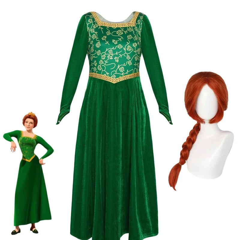 Women's Fiona-Inspired Shrek Costume – Green Dress & Wig Options