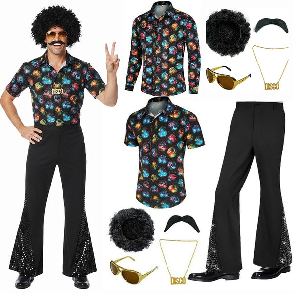 Men's 70S Retro Disco Printed Shirts Bell-Bottom Pants Afro Wig Sunglasses Costume