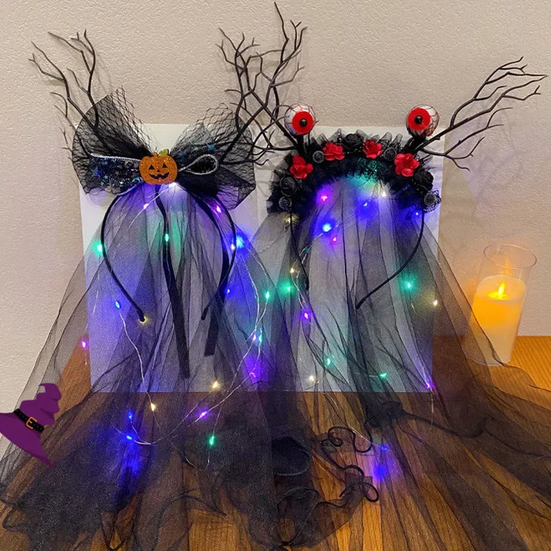 Light Up Black Halloween Veil Headband Women Girl Day of The Dead Butterfly - product image 1