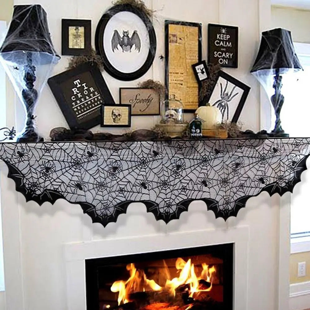 Halloween Bat Table Runner Lace Web Skeleton Skull Tablecloth Black Fireplace - product image 5