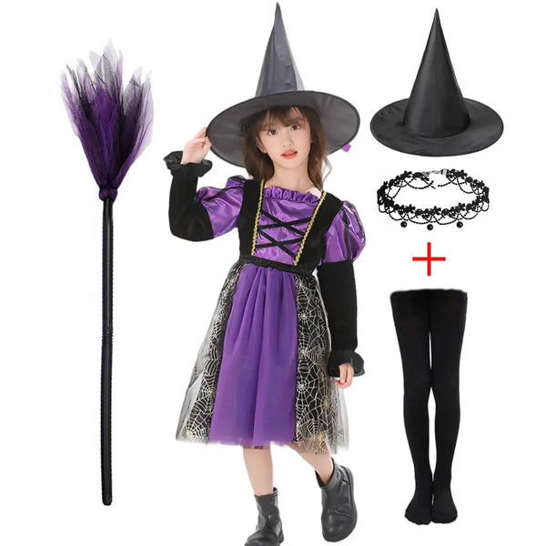 Girl Purple Black Witch Costume With Hat Golden Spider Web Print Tulle Dress Halloween Apparel Fancy Wizard - product image 1