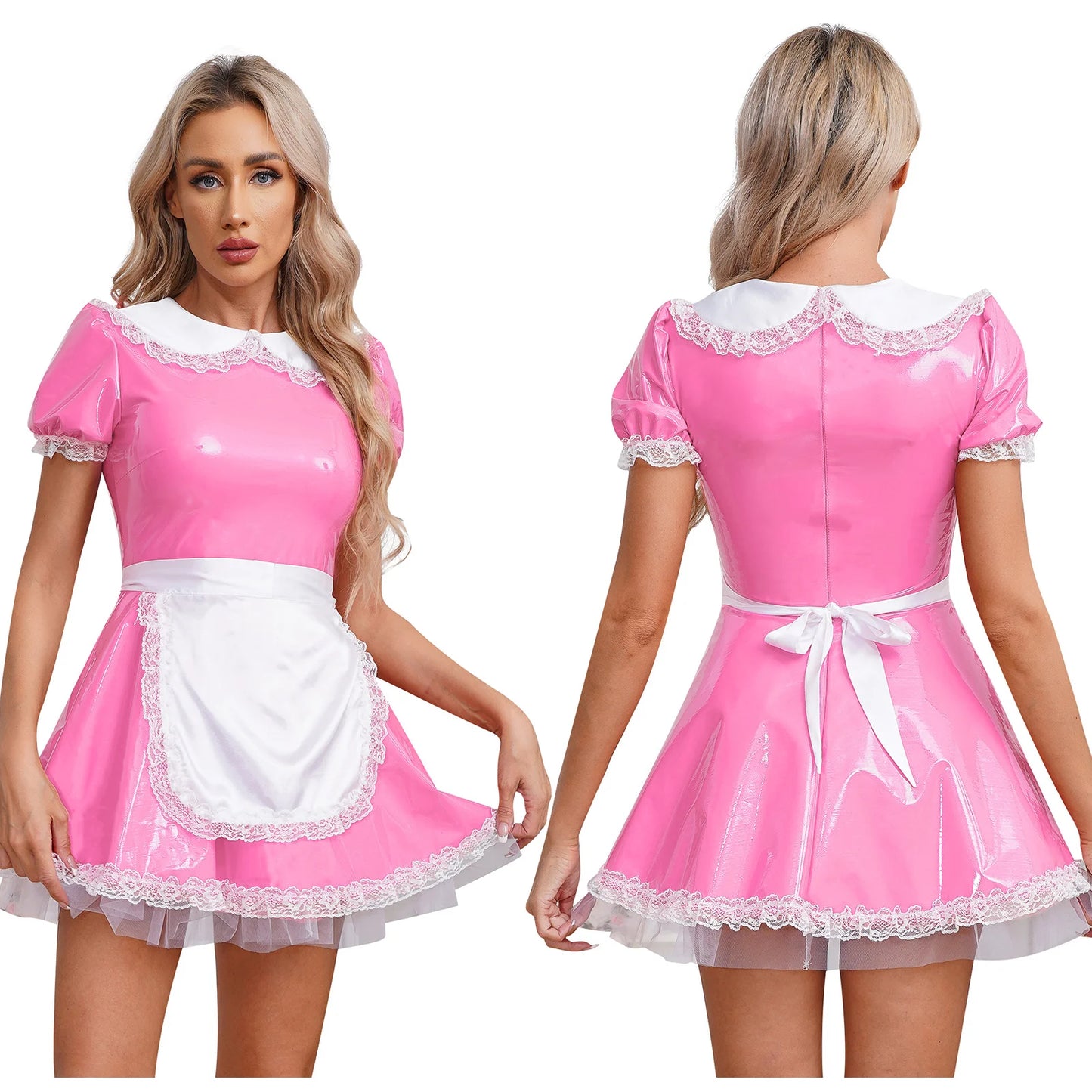 Women's Servants Maid Puff Sleeve Lace Patent Leather Apron Nightwear Costume - alternate view 8