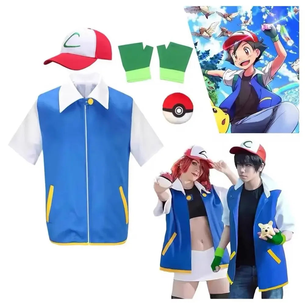 Adult Ash Ketchum Costume for Halloween Men Anime Trainer Costume Women Blue Jacket Cap - top hat gloves / XXL