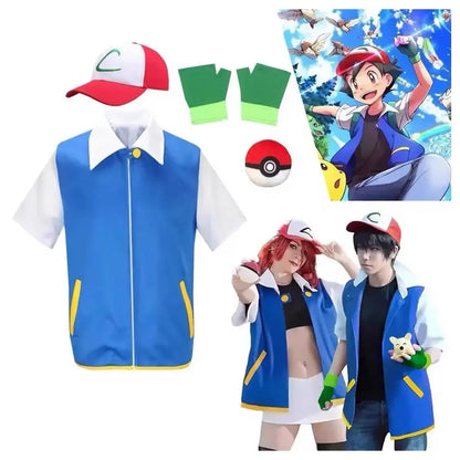 Adult Ash Ketchum Costume for Halloween Men Anime Trainer Costume Women Blue Jacket Cap - top hat gloves / XXL