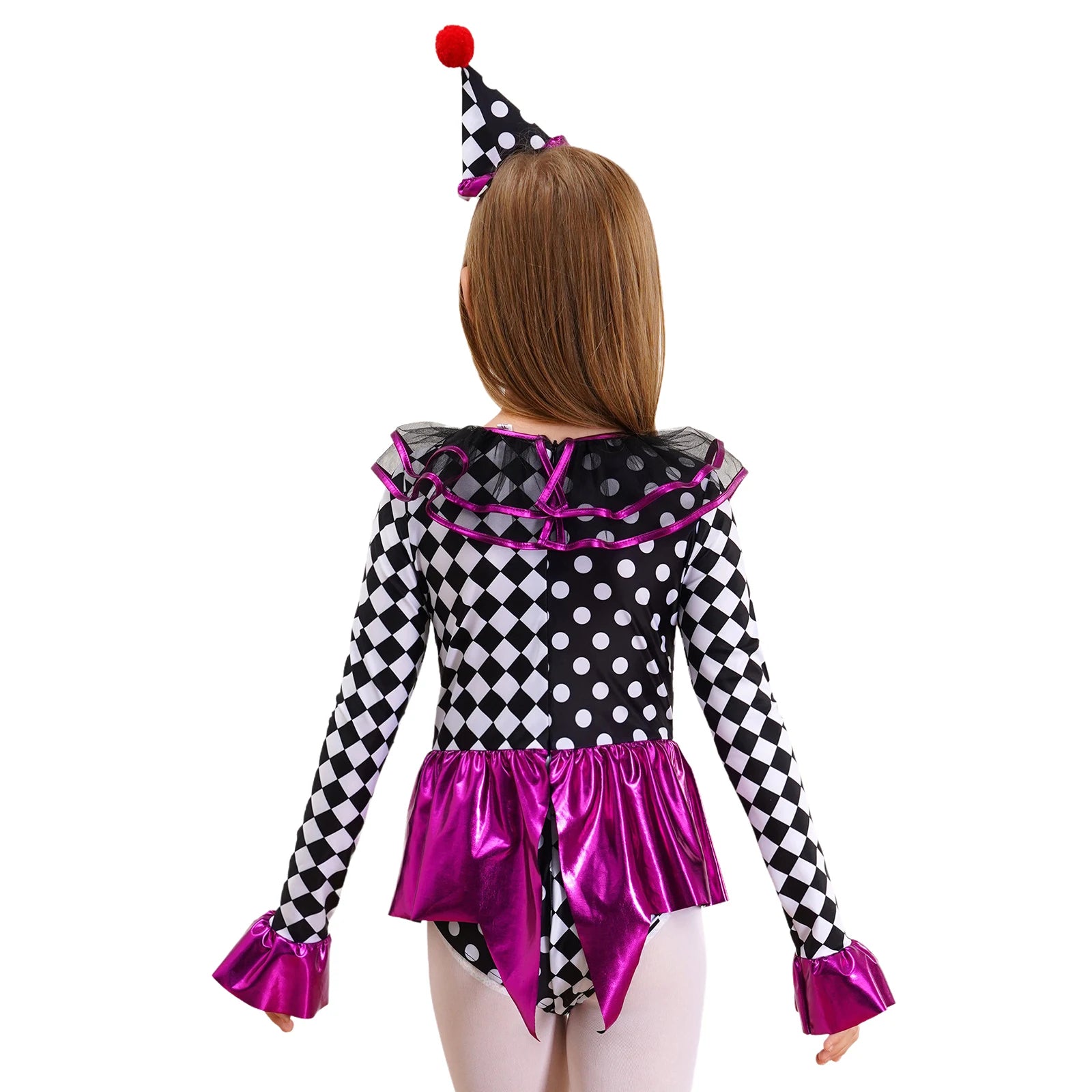Girls Halloween Clown Joker Bodysuit Costume Metallic Ruffle Skirt Checkerboard Print Dance Leotard Dress - product image 4