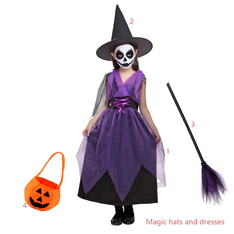 Kids Witch Halloween Costume Witch Cosplay Dress and Magic Hat Set Clothes for Girls Gothic Vampire Costume - product image 17
