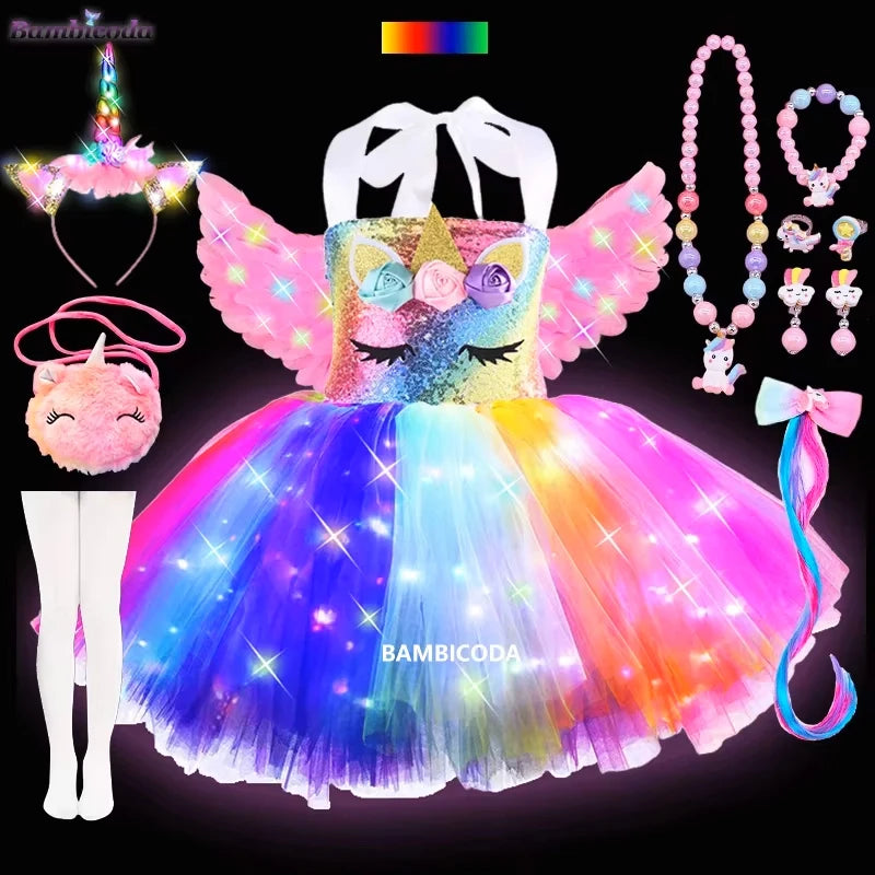 Girls Shiny Unicorn Tutu Led Lighting Dress Glowing Dresses Princess Dress Clothing