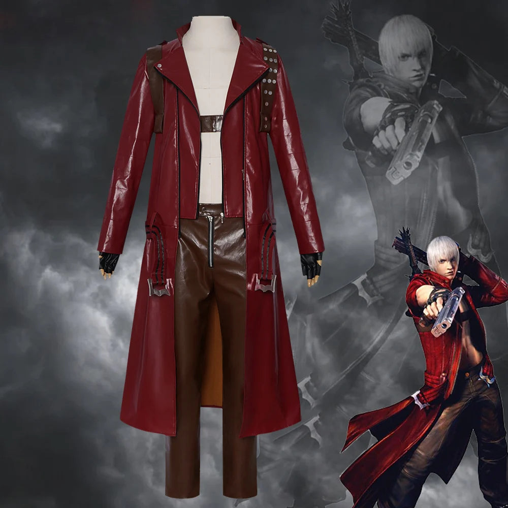 Dante Costume Devil Costume May Cry 3Red Leather Trench Coat Halloween Outfit for Men - suit / S