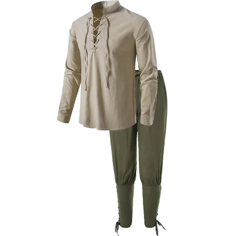 2Pcs Men's Medieval Knight Costume Set Renaissance Costume Pirate Shirts Ankle