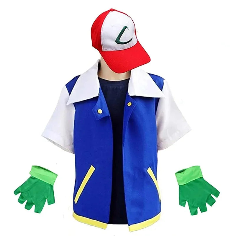 Halloween Costume Anime Ash Ketchum Trainer Blue Jacket Cap Gloves Sets Theme Outfits - Set / Adult S