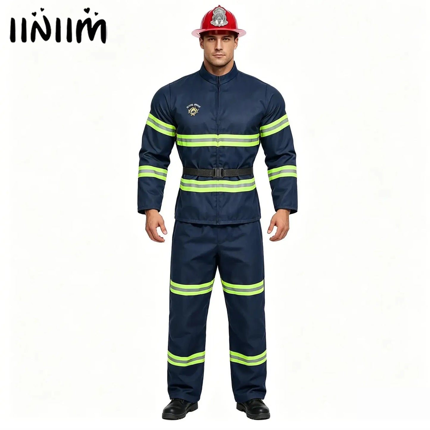 Men's Firefighter Firefighting Heroes Halloween Costume Plastic Helmet Sleeve Fireman - Navy Blue / 180