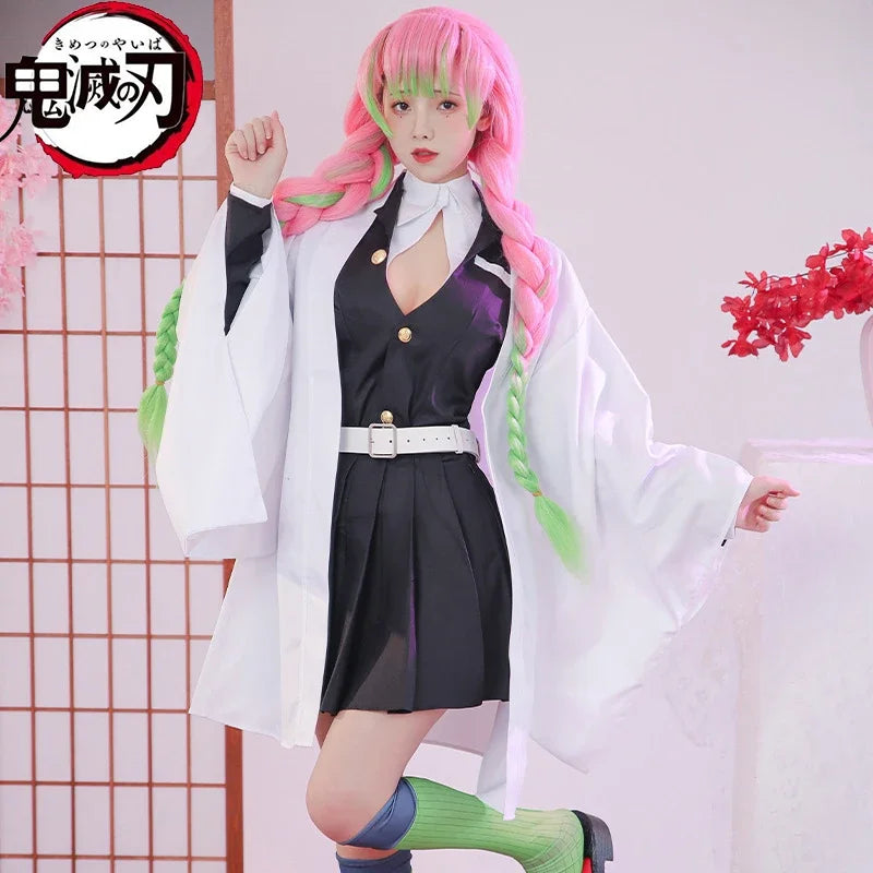 Costume Anime Kanroji Mitsuri Kimono Costume Devil Hunter Adult Kid Halloween Wig - B / L