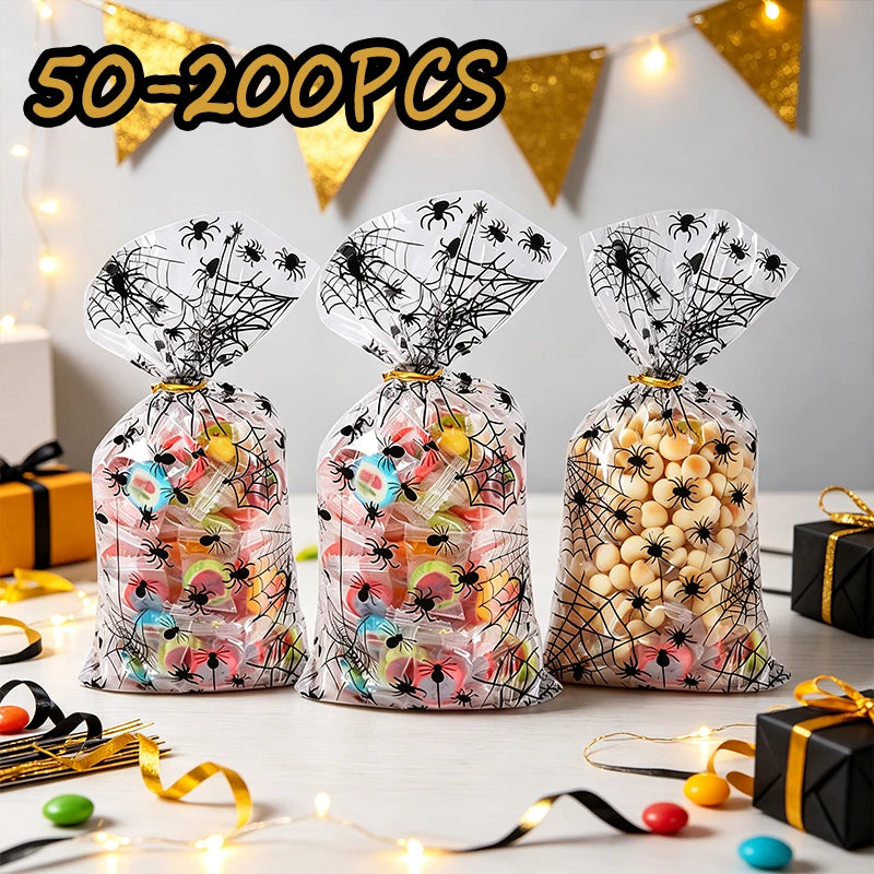 50-200pc Halloween Spider OPP Flat Bags Trick or Treat Clear Candy Bags with Twist Ties Spider Ghost Cookie - product image 1