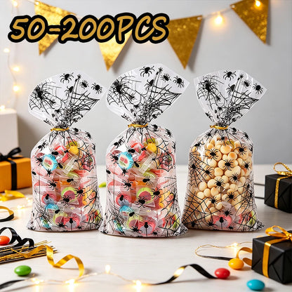 50-200pc Halloween Spider OPP Flat Bags Trick or Treat Clear Candy Bags with Twist Ties Spider Ghost Cookie - product image 1