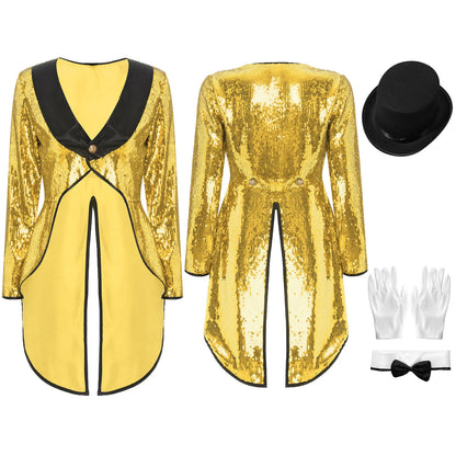 Women's Magician Costume Set Halloween Costume Sleeve One-Button Patchwork Sequin Tailcoat - Silver / XXL