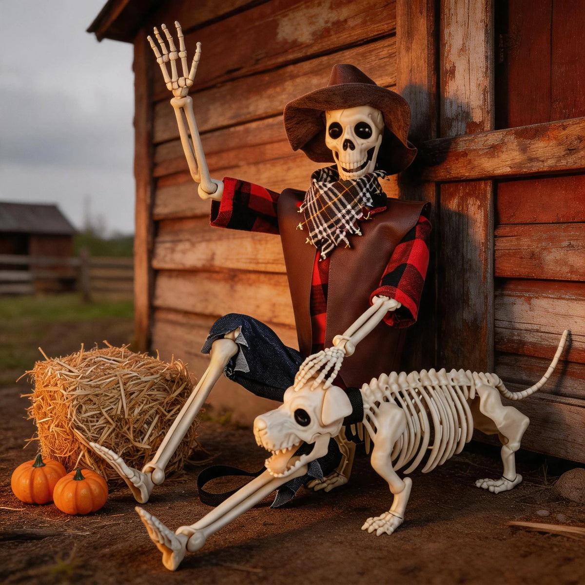 36" Posable Skeleton & Dog Cowboy Halloween Decoration Set