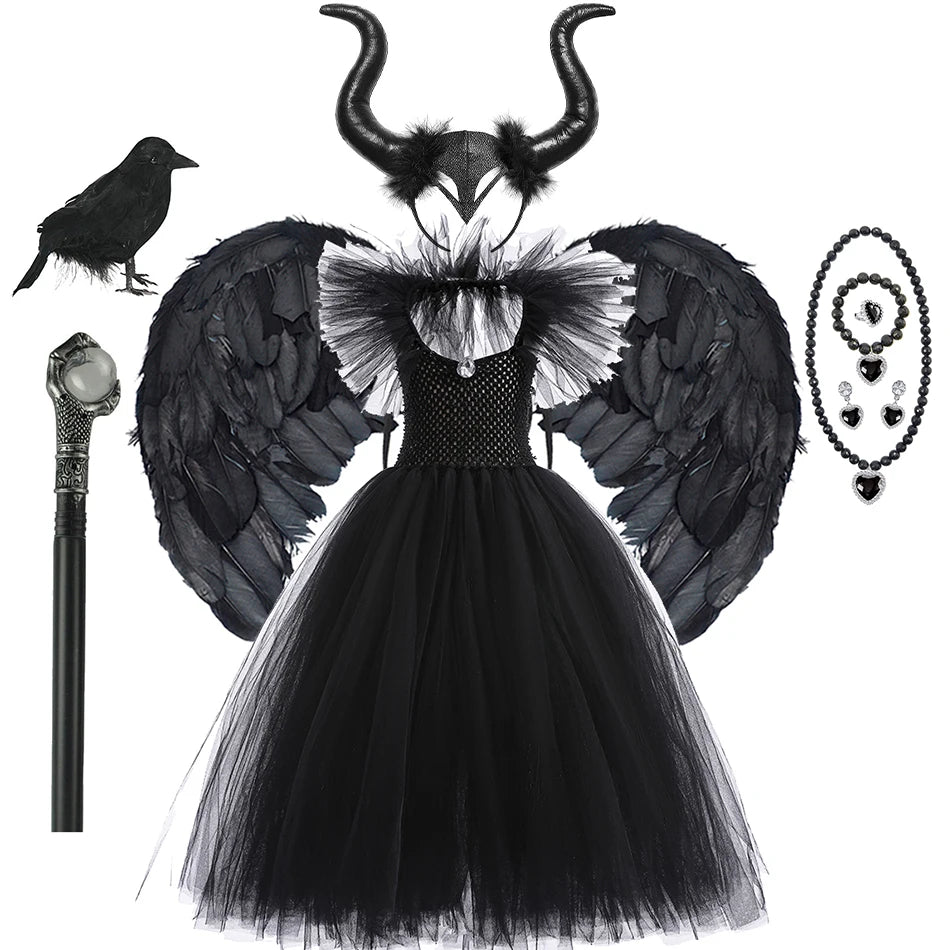 Kids' Horned Dark Fairy Queen Evil Witch Black Tulle Fantasy Costume - alternate view 14